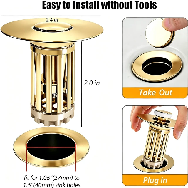 Alt view image 2 of 6 - 3 in 1 Pop Up Bathroom Sink Stopper, Bathroom Sink Drain Strainer with Removable Basket Hair Catcher, Universal Sink Plug Cover for 1.06 in to 1.6 in Drain, Brushed Gold