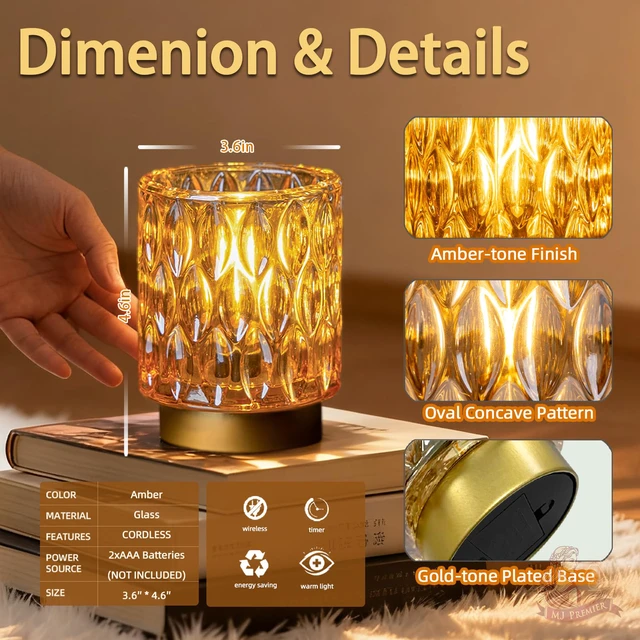 Alt view image 5 of 7 - Battery Operated Table Lamp Timer, Small Cordless Lamps Decorative, Amber Mini Crystal Lamp for Area No Plug, LED Battery Powered Lamps Wireless, Glass Accent Light for Bathroom Fireplace Shelf Decor