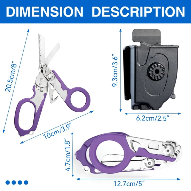 Alt view image 2 of 7 - Heavy Duty 6 in 1 Multifunctional Trauma Shears Foldable | Stainless Steel emergency response scissors | Survival Shears with Holster | Medical Trauma shears Tactical With Strap Cutter | Purple