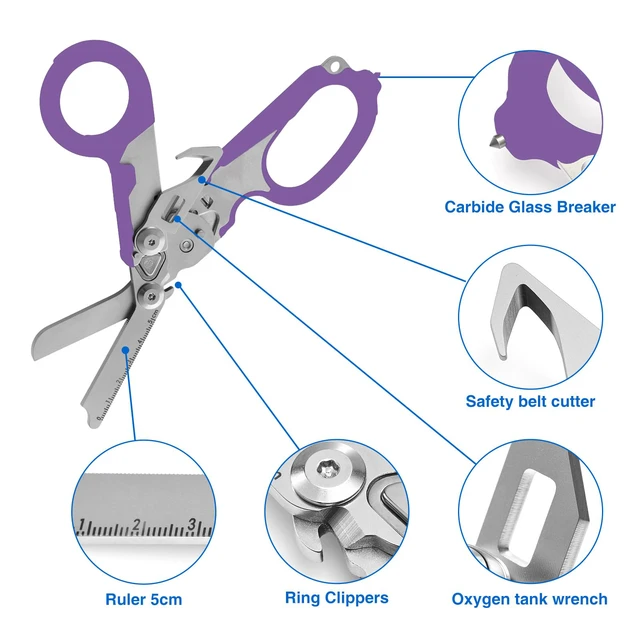 Alt view image 3 of 7 - Heavy Duty 6 in 1 Multifunctional Trauma Shears Foldable | Stainless Steel emergency response scissors | Survival Shears with Holster | Medical Trauma shears Tactical With Strap Cutter | Purple