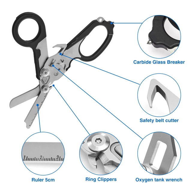 Alt view image 3 of 7 - Heavy Duty 6 in 1 Multifunctional Trauma Shears Foldable | Stainless Steel emergency response scissors | Survival Shears with Holster | Medical Trauma shears Tactical With Strap Cutter | Black