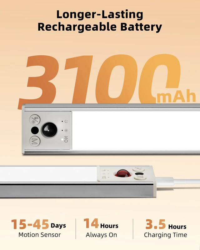Alt view image 4 of 7 - 12inch Under Cabinet Lighting, 2 Pack 3100mAh Rechargeable Motion Sensor Light Indoor with 3 Color Temperatures, Dimmable & Magnetic Closet Light, Wireless Counter Lights for Kitchen, Stairs
