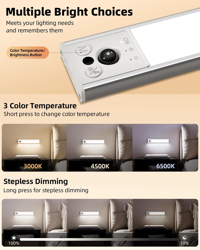 Alt view image 6 of 7 - 12inch Under Cabinet Lighting, 2 Pack 3100mAh Rechargeable Motion Sensor Light Indoor with 3 Color Temperatures, Dimmable & Magnetic Closet Light, Wireless Counter Lights for Kitchen, Stairs