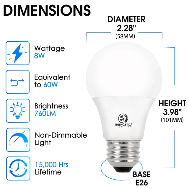 Alt view image 2 of 7 - Energetic A19 LED Bulb 60W Equivalent Soft White, 2700K LED Light Bulbs, E26 Standard Base, 8W 760LM, Non-Dimmable, ETL Listed, 12 Pack