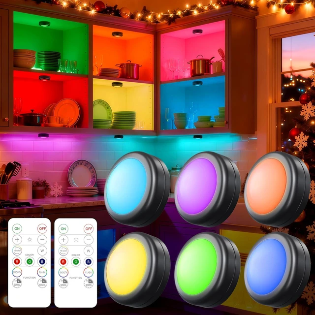 Main image of 6 Pack LED Puck Lights Remote Control 16 Color Changeable Under Cabinet Lights, Battery Operated Lights Night Light with Dimmer & Timmer for Closet Bedroom Kitchen, Black