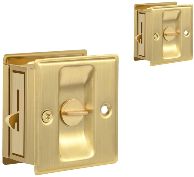Main image of 2 Pack Privacy Sliding Door Lock with Pull - Replace Old Or Damaged Pocket Door Locks Hardware Quickly and Easily, 2-3/4x2-1/2, for 1-3/8 Thickness Door, Brushed Brass