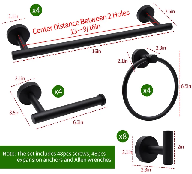 Alt view image 6 of 7 - 20pcs Bathroom Hardware Set, Matte Black Bathroom Hardware Set, Including 16" Hand Towel Bars, Toilet Paper Holders, Towel Rings, Robe Towel Hooks