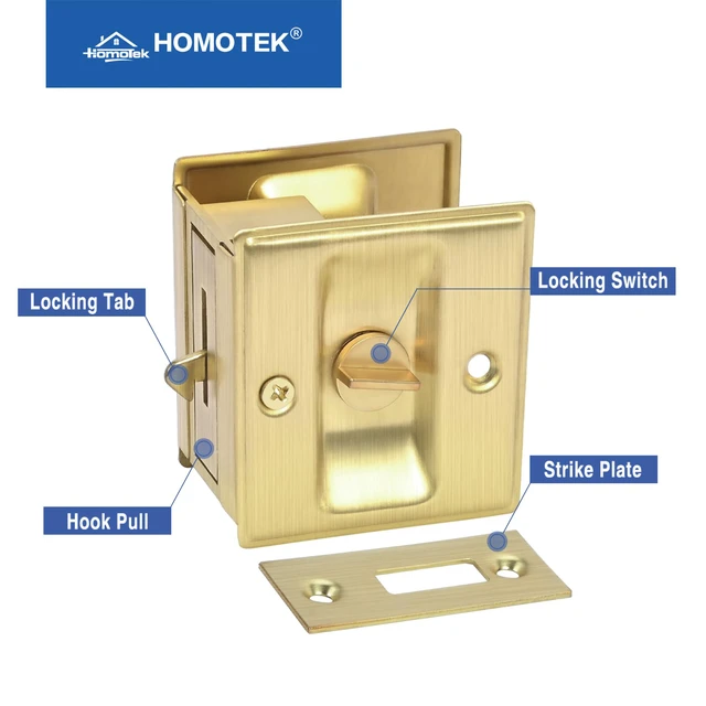 Alt view image 4 of 7 - 2 Pack Privacy Sliding Door Lock with Pull - Replace Old Or Damaged Pocket Door Locks Hardware Quickly and Easily, 2-3/4x2-1/2, for 1-3/8 Thickness Door, Brushed Brass