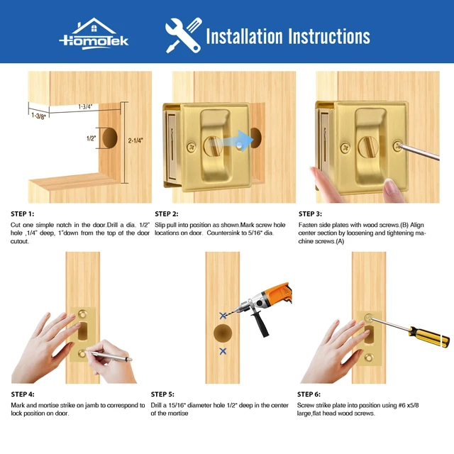 Alt view image 5 of 7 - 2 Pack Privacy Sliding Door Lock with Pull - Replace Old Or Damaged Pocket Door Locks Hardware Quickly and Easily, 2-3/4x2-1/2, for 1-3/8 Thickness Door, Brushed Brass