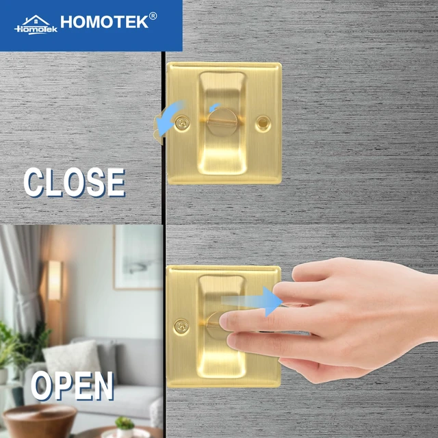 Alt view image 6 of 7 - 2 Pack Privacy Sliding Door Lock with Pull - Replace Old Or Damaged Pocket Door Locks Hardware Quickly and Easily, 2-3/4x2-1/2, for 1-3/8 Thickness Door, Brushed Brass
