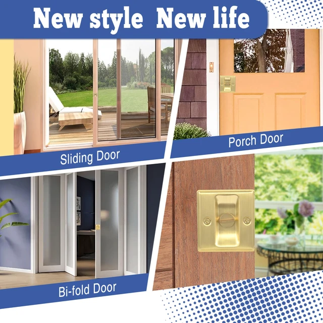 Alt view image 7 of 7 - 2 Pack Privacy Sliding Door Lock with Pull - Replace Old Or Damaged Pocket Door Locks Hardware Quickly and Easily, 2-3/4x2-1/2, for 1-3/8 Thickness Door, Brushed Brass
