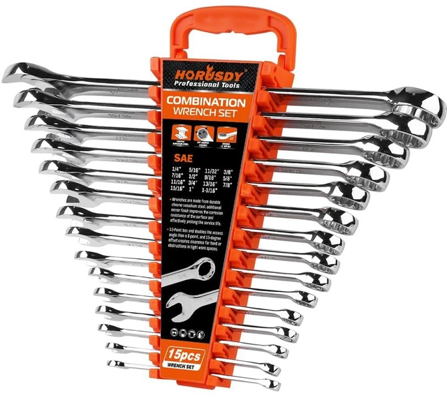 Main image of 15-Piece SAE Wrench Sets, Premium Combination Wrench Set Metric 1/4in-1 in, Max Torque, 12-Point, Chrome Vanadium Steel, with Storage Rack