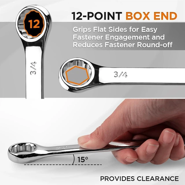 Alt view image 2 of 6 - 15-Piece SAE Wrench Sets, Premium Combination Wrench Set Metric 1/4in-1 in, Max Torque, 12-Point, Chrome Vanadium Steel, with Storage Rack