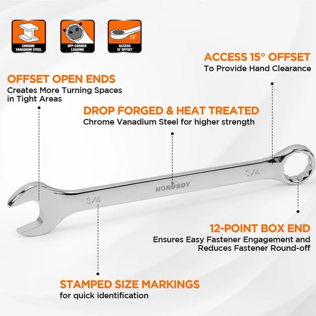 Alt view image 4 of 6 - 15-Piece SAE Wrench Sets, Premium Combination Wrench Set Metric 1/4in-1 in, Max Torque, 12-Point, Chrome Vanadium Steel, with Storage Rack