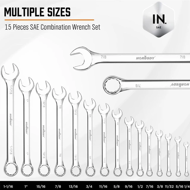 Alt view image 5 of 6 - 15-Piece SAE Wrench Sets, Premium Combination Wrench Set Metric 1/4in-1 in, Max Torque, 12-Point, Chrome Vanadium Steel, with Storage Rack