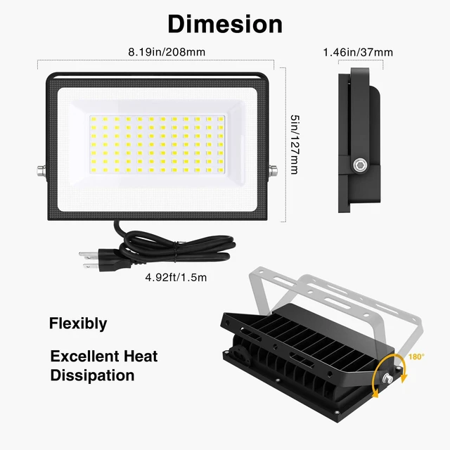 Alt view image 6 of 7 - 80W Flood Lights Outdoor,8000lm Bright LED Work Light with Plug,Daylight White LED Flood Lighting, IP66 Waterproof Security Yard Lights for Garage Stadium 2 Pack