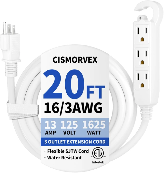 Main image of 20Ft 3 Prong Multiple Outlets Indoor Extension Cord, White Grounded Extension Cord with Multiple Outlets, 16/3 AWG 3 Prong outlet Power Strip for Indoor Use, 13A 125V 1625W, ETL Listed