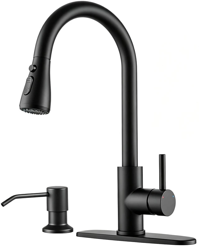 Main image of Kitchen Faucet with Pull Down Sprayer and Soap Dispenser, Black 304 Stainless Steel Single Handle with 3 Spray Modes, 18-Inch Hose, 10-Inch Deck Plate