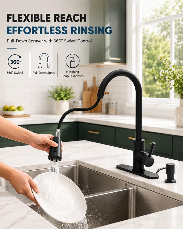 Alt view image 2 of 7 - Kitchen Faucet with Pull Down Sprayer and Soap Dispenser, Black 304 Stainless Steel Single Handle with 3 Spray Modes, 18-Inch Hose, 10-Inch Deck Plate