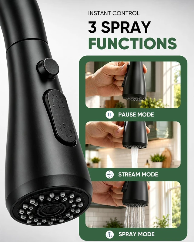 Alt view image 3 of 7 - Kitchen Faucet with Pull Down Sprayer and Soap Dispenser, Black 304 Stainless Steel Single Handle with 3 Spray Modes, 18-Inch Hose, 10-Inch Deck Plate