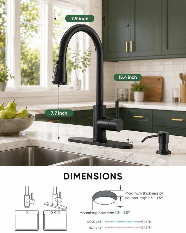 Alt view image 5 of 7 - Kitchen Faucet with Pull Down Sprayer and Soap Dispenser, Black 304 Stainless Steel Single Handle with 3 Spray Modes, 18-Inch Hose, 10-Inch Deck Plate