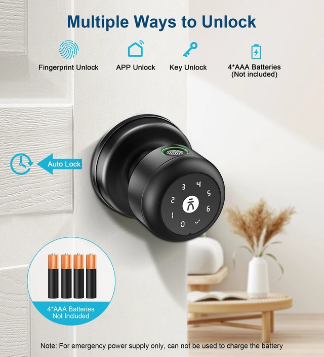 Alt view image 2 of 7 - Smart Door Knob with Lock,Keyless Entry Fingerprint Door Lock,Morden Black Smart Lock with Auto-Lock, App, Key, Fingerprint Door Locks with Keypad for Front Door, Apartment, Hotel, Interior, Exterior