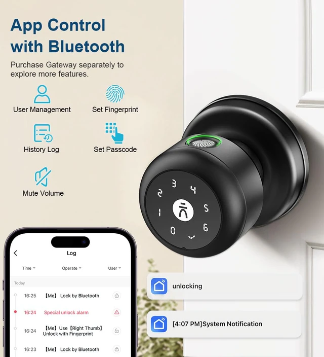 Alt view image 5 of 7 - Smart Door Knob with Lock,Keyless Entry Fingerprint Door Lock,Morden Black Smart Lock with Auto-Lock, App, Key, Fingerprint Door Locks with Keypad for Front Door, Apartment, Hotel, Interior, Exterior