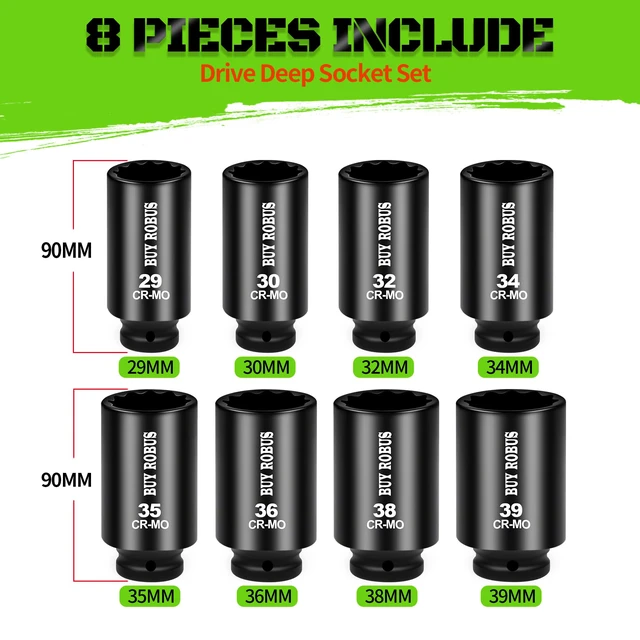 Alt view image 2 of 7 - Axle Nut Impact Socket Set, 1/2" Drive Deep 12 Point 8-Piece Metric 29mm, 30mm, 32mm, 34mm, 35mm, 36mm, 38mm, 39mm Socket, Large Socket Set with Storage Case for Auto Repair, Removing