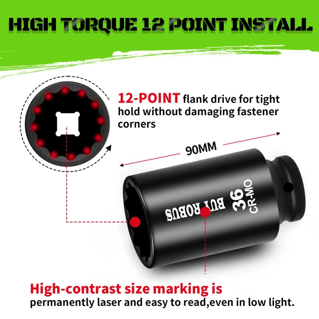 Alt view image 3 of 7 - Axle Nut Impact Socket Set, 1/2" Drive Deep 12 Point 8-Piece Metric 29mm, 30mm, 32mm, 34mm, 35mm, 36mm, 38mm, 39mm Socket, Large Socket Set with Storage Case for Auto Repair, Removing
