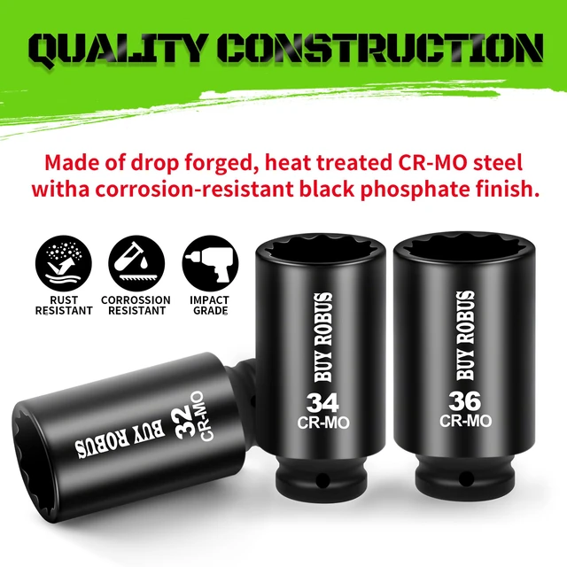 Alt view image 4 of 7 - Axle Nut Impact Socket Set, 1/2" Drive Deep 12 Point 8-Piece Metric 29mm, 30mm, 32mm, 34mm, 35mm, 36mm, 38mm, 39mm Socket, Large Socket Set with Storage Case for Auto Repair, Removing
