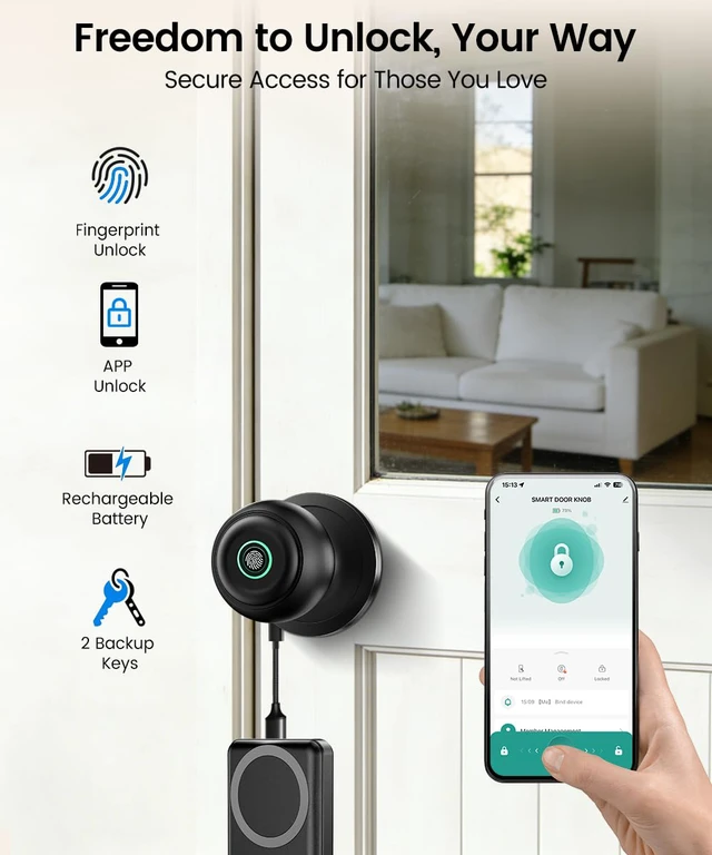 Alt view image 2 of 7 - Smart Door Knob with Lock, Keyless Entry Fingerprint Door Lock, Dark Black Smart Lock with Auto-Lock, App, Key, Fingerprint Door Locks for Front Door, Garage, Apartment, Hotel, Interior, Exterior