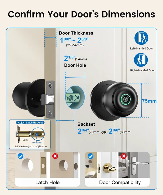 Alt view image 5 of 7 - Smart Door Knob with Lock, Keyless Entry Fingerprint Door Lock, Dark Black Smart Lock with Auto-Lock, App, Key, Fingerprint Door Locks for Front Door, Garage, Apartment, Hotel, Interior, Exterior