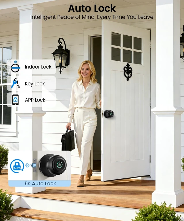 Alt view image 4 of 7 - Smart Door Knob with Lock, Keyless Entry Fingerprint Door Lock, Dark Black Smart Lock with Auto-Lock, App, Key, Fingerprint Door Locks for Front Door, Garage, Apartment, Hotel, Interior, Exterior