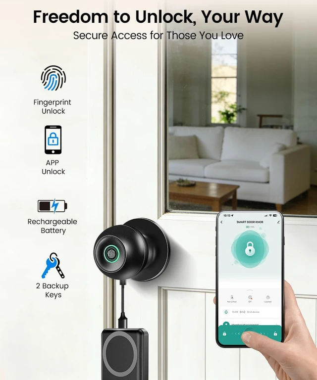 Alt view image 2 of 7 - Smart Door Knob with Lock, Keyless Entry Fingerprint Door Lock, Black Smart Lock with Auto-Lock, App, Key, Fingerprint Door Locks for Front Door, Garage, Apartment, Hotel, Interior, Exterior