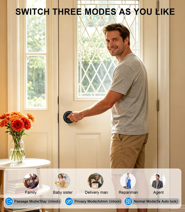 Alt view image 4 of 7 - Smart Door Knob with Lock, Keyless Entry Fingerprint Door Lock, Black Smart Lock with Auto-Lock, App, Key, Fingerprint Door Locks for Front Door, Garage, Apartment, Hotel, Interior, Exterior