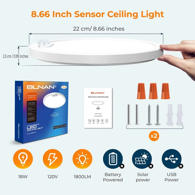 Alt view image 7 of 7 - Motion Sensor Ceiling Light Wired, 8.7 Inch 3000K 4000K 5000K Selectable LED Flush Mount Light Fixture, Motion Activated Light with Timer for Hallway Stair Walk-in Closet, Non-Dimmable 2 Pack