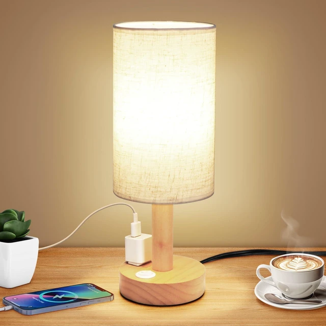 Main image of Small Bedside Table Lamp with AC Outlet, Natural Wood Base & Linen Shade, Mini Cute Cozy Warm White Nightstand Boho Lamp, Study Desk Night Stand Light for Bedroom, Kitchen, Nursery, Living Room