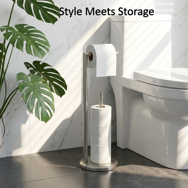 Alt view image 2 of 6 - Toilet Paper Holder Stand with Storage for 4 Rolls, Brushed Nickel Modern Freestanding SUS 304 Stainless Steel Bathroom Tissue Roll Organizer with Heavy Anti-Slip Weighted Base