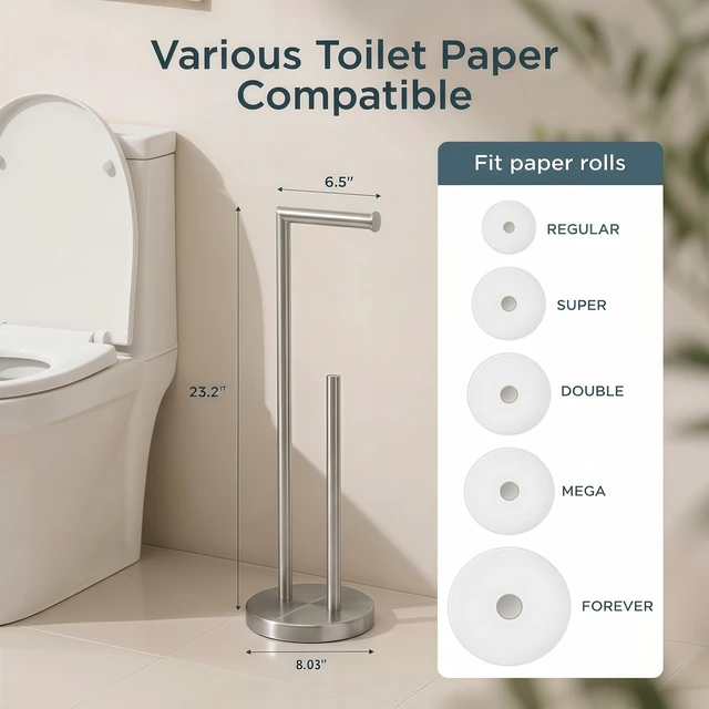 Alt view image 3 of 6 - Toilet Paper Holder Stand with Storage for 4 Rolls, Brushed Nickel Modern Freestanding SUS 304 Stainless Steel Bathroom Tissue Roll Organizer with Heavy Anti-Slip Weighted Base