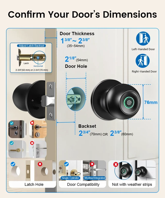 Alt view image 5 of 7 - Smart Door Knob with Lock, Keyless Entry Fingerprint Door Lock, Black Smart Lock with Auto-Lock, App, Key, Fingerprint Door Locks for Front Door, Garage, Apartment, Hotel, Interior, Exterior