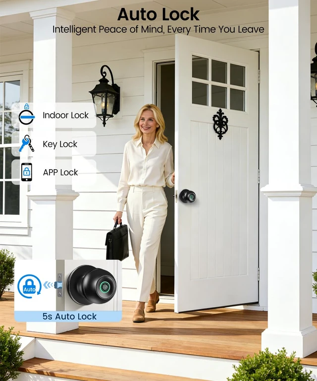 Alt view image 6 of 7 - Smart Door Knob with Lock, Keyless Entry Fingerprint Door Lock, Black Smart Lock with Auto-Lock, App, Key, Fingerprint Door Locks for Front Door, Garage, Apartment, Hotel, Interior, Exterior