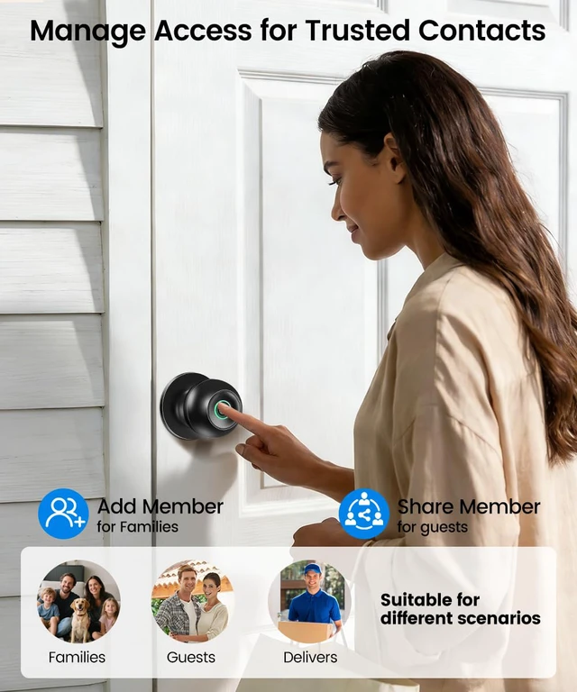 Alt view image 7 of 7 - Smart Door Knob with Lock, Keyless Entry Fingerprint Door Lock, Black Smart Lock with Auto-Lock, App, Key, Fingerprint Door Locks for Front Door, Garage, Apartment, Hotel, Interior, Exterior