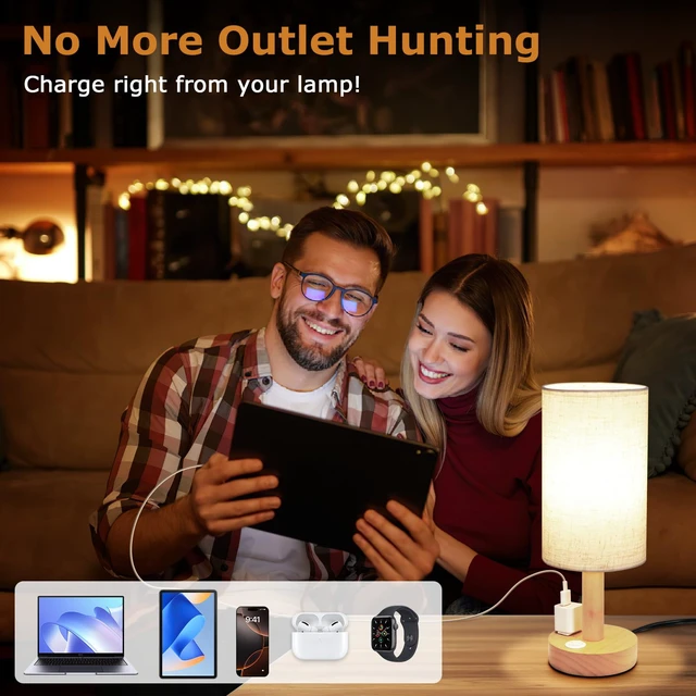 Alt view image 2 of 7 - Small Bedside Table Lamp with AC Outlet, Natural Wood Base & Linen Shade, Mini Cute Cozy Warm White Nightstand Boho Lamp, Study Desk Night Stand Light for Bedroom, Kitchen, Nursery, Living Room
