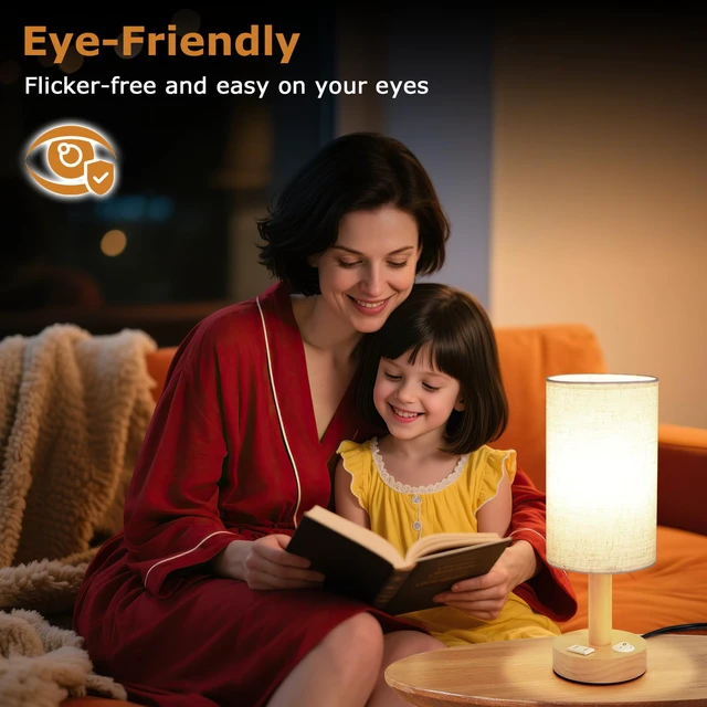 Alt view image 3 of 7 - Small Bedside Table Lamp with AC Outlet, Natural Wood Base & Linen Shade, Mini Cute Cozy Warm White Nightstand Boho Lamp, Study Desk Night Stand Light for Bedroom, Kitchen, Nursery, Living Room