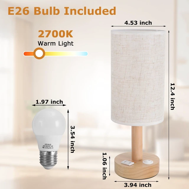 Alt view image 4 of 7 - Small Bedside Table Lamp with AC Outlet, Natural Wood Base & Linen Shade, Mini Cute Cozy Warm White Nightstand Boho Lamp, Study Desk Night Stand Light for Bedroom, Kitchen, Nursery, Living Room