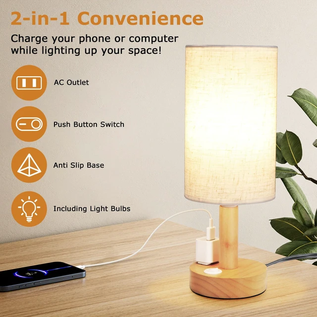 Alt view image 5 of 7 - Small Bedside Table Lamp with AC Outlet, Natural Wood Base & Linen Shade, Mini Cute Cozy Warm White Nightstand Boho Lamp, Study Desk Night Stand Light for Bedroom, Kitchen, Nursery, Living Room