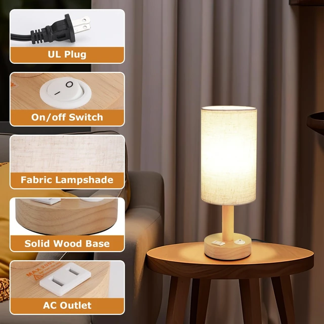 Alt view image 6 of 7 - Small Bedside Table Lamp with AC Outlet, Natural Wood Base & Linen Shade, Mini Cute Cozy Warm White Nightstand Boho Lamp, Study Desk Night Stand Light for Bedroom, Kitchen, Nursery, Living Room