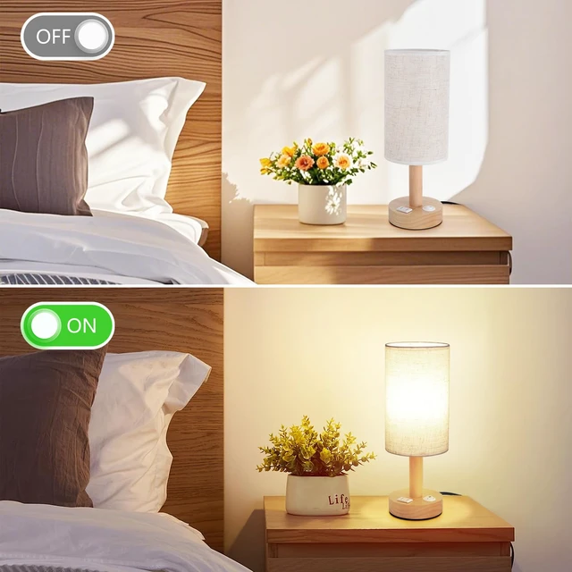 Alt view image 7 of 7 - Small Bedside Table Lamp with AC Outlet, Natural Wood Base & Linen Shade, Mini Cute Cozy Warm White Nightstand Boho Lamp, Study Desk Night Stand Light for Bedroom, Kitchen, Nursery, Living Room