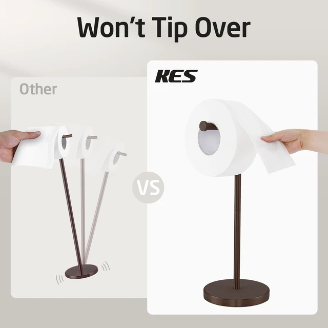 Alt view image 2 of 7 - Bronze Toilet Paper Holder Stand, Heavy Base, 18/8 Stainless Steel Freestanding Design, Anti-Slip Padded Base, 1-Minute No-Drill Assembly, Fits All Roll Sizes, Compact 8-Inch Base