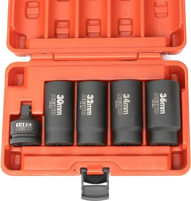 Main image of 02530A 5 Piece 12 Point Socket Set 1/2 Drive, Lug Nut Remover, Spindle Nut Socket, Axle Nut Socket Set, Metric 30mm - 36mm Socket 1/2 Drive Impact Set, Cr-Mo Impact Adapter, 3/4" - 1/2 Reducer